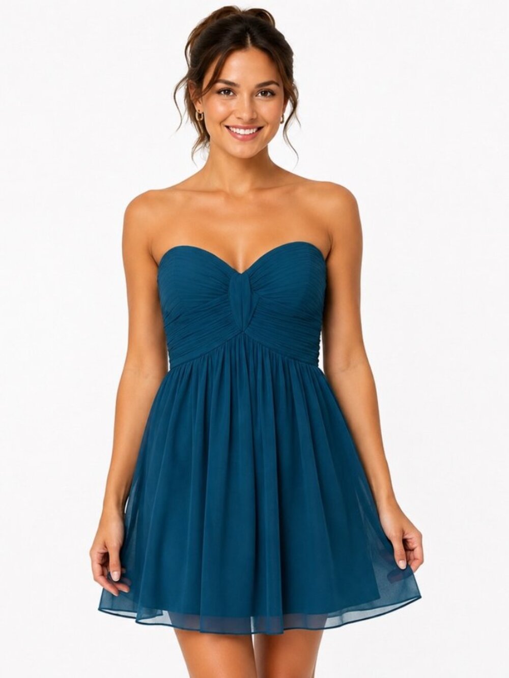 Donna Morgan Women's 2 Teal Blue 100% Silk Pleated Cocktail Party Dress Ruched